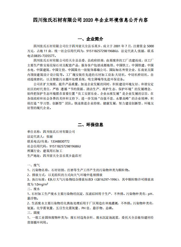 四川張氏石材有限公司2020年企業(yè)環(huán)境信息公開內(nèi)容